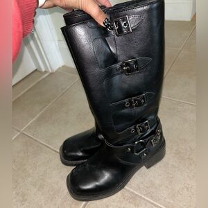 Black Buckle Leather Boots